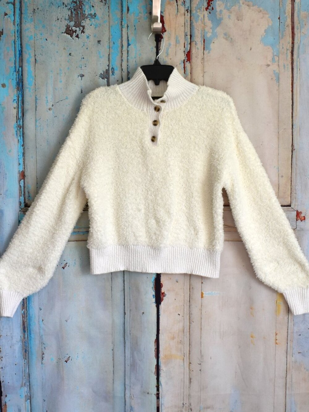 Women's Love Tree Crop Fuzzy Henley Sweater Mock Neck MEDIUM Ivory